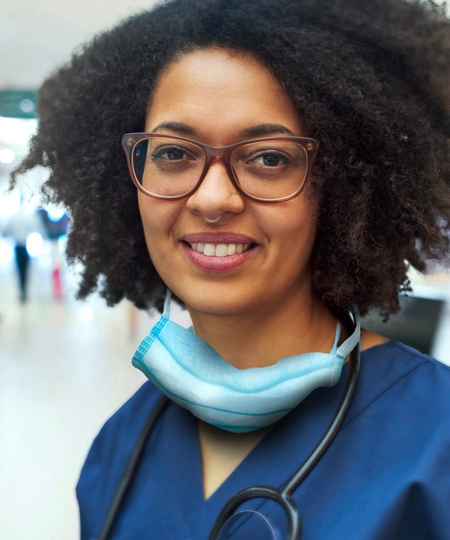 a nurse wearing the essence ring, mask down